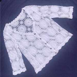 *3/$25 or 2/$20* Daisy Lace Crochet 3/4 Sleeve Mother of Pearl Button Cardigan